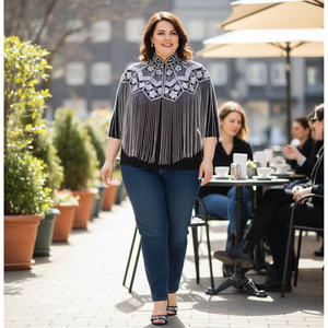 Stylish Vintage Half-Dress Stand Collar Geometric <b>Sequined</b> Poncho Comfortable Embroidered Beaded Plus Size Short Spring Summer - Product Image 3
