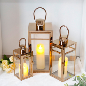 Set of 3 Rose Gold <strong>Large</strong> Size Iron Glass <strong>Candle</strong> <strong>Lanterns</strong> Wedding Centerpieces Lamp Holders Metal Wind Proof <strong>Candle</strong> <strong>Lanterns</strong> - Product Image 3