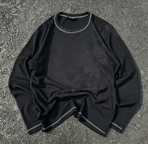 Pull en tricot côtelé noir à manches longues et col rond pour homme, couleur unie, style décontracté - Product Image 1
