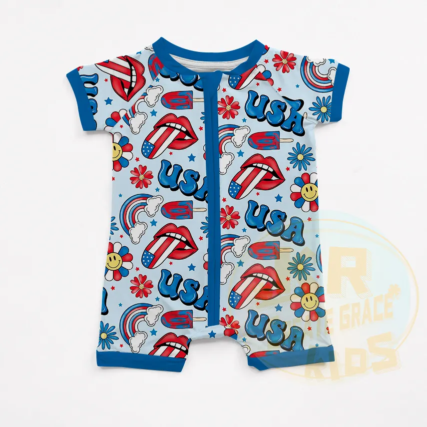 Manufacture Custom Infant Newborn Clothes Short Sleeve Jumpsuit Print Rainbow Airplane Smiley Striped Zipper Onesie Baby Romper