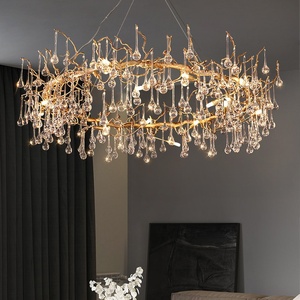 Lustre de salon en cristal et cuivre, LED doré, style post-moderne américain rétro, luxe français vintage, en forme de branche, goutte d'eau - Product Image 2