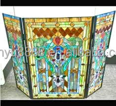 Écran de cheminée en vitrail, 3 panneaux, motif floral, décoration traditionnelle, couleur bleue, forme rectangulaire, décoration artistique durable - Product Image 4