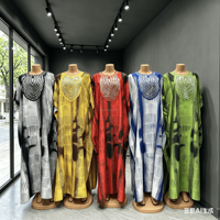 Gaun Maxi Wanita Motif Afrika Warna Perak Lengan Kelelawar Longgar Model Abaya Jubah Musim Panas Bahan Sifon Muslim Kasual Jubah Wanita