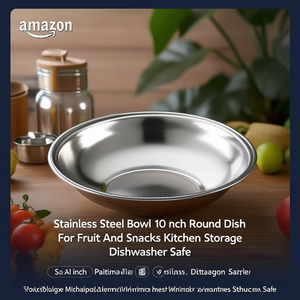 Ciotola in acciaio inossidabile, piatto rotondo da 10 pollici per frutta e snack, contenitore da cucina, design minimalista, lavabile in lavastoviglie - Product Image 3