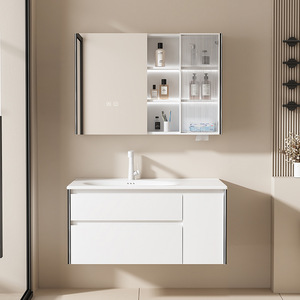 Mueble de baño moderno color crema con lavabo de cerámica de una pieza y gabinete con espejo - Product Image 2