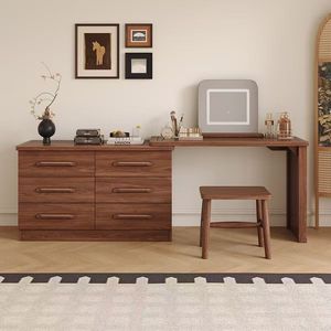 Modern Minimalist Black Walnut Wood <b>Dressing</b> <b>Table</b> With Drawers And Mirror Vanity <b>Storage</b> Cabinet <b>For</b> Bedroom Makeup Station - Product Image 3