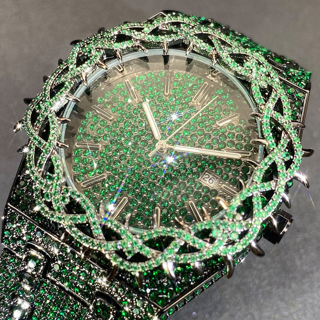 Vvs Moissanite Watch Custom Spiked Dial Fully Paved Green Diamonds Hip-hop Style Men Watches High Quality