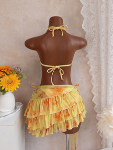 Viviblook Z403ST04 Conjunto de bikini de tres piezas para mujer, nuevo, con estampado floral, sexy, informal, con cordones, falda tipo tanga, traje de baño para vacaciones. - Product Image 5