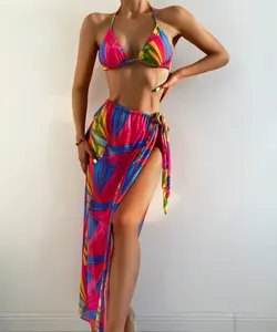 NEW STOCK Print 3Pieces Bathing Suits Triangle Top Bikini Set Long Beach Skirt SARONG