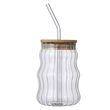 Copo de Vidro Bonito de Alto Valor para Uso Doméstico com Canudo Rosqueado, Copo de Vidro Borossilicato para Café, Leite e Chá com Canudo e Tampa de Bambu - Product Image 4