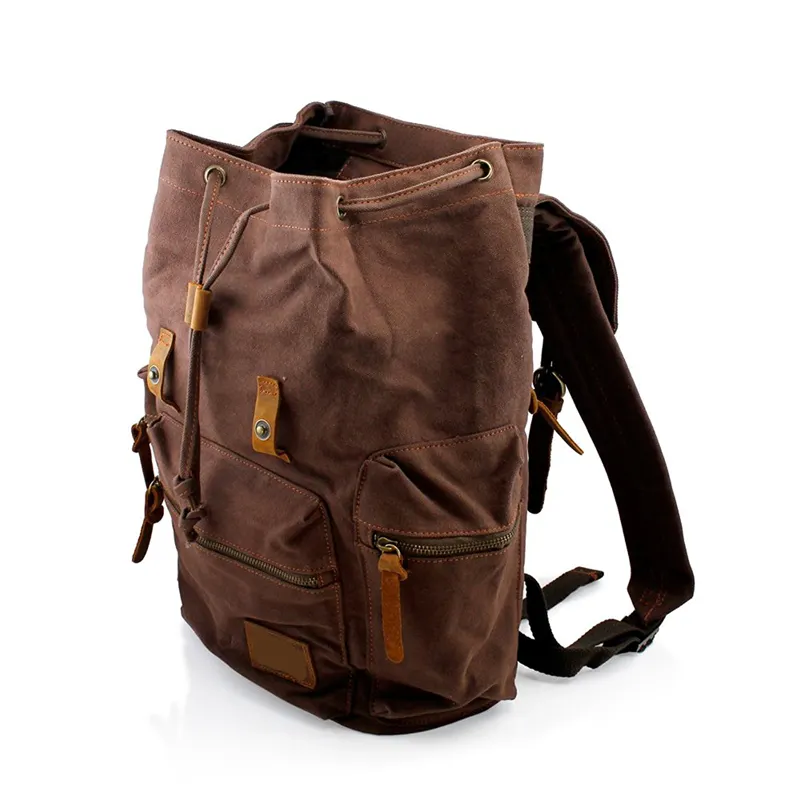 New Traveling Men's Vintage Canvas Backpack Leather Tote Drawstring Rucksack Hiking Bag