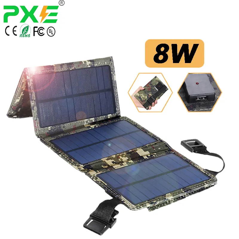 PXE Venda Quente Dobrável 8W Painel Solar para Acampamento Ao Ar Livre Caminhadas Carregador À Prova D' Água/Painéis Solares Portáteis Carregador Do Telefone