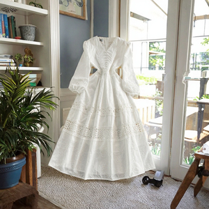 White V-Neck Boho Midi Dress With Puff Sleeves Lace Cut-Outs Floral Embroidery A-Line Loose Fit Casual Spring Wear - Product Image 3