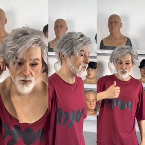 Masque de tête en silicone pour homme, accessoire de cosplay, masque de homme élégant très extensible et doux avec cheveux et barbe grisonnantes et blanches intégrées - Product Image 6