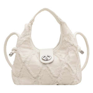 Nouveau sac à main en denim uni avec fourrure moelleuse et pompon pour femme, sac bandoulière à porter sur l'épaule - Product Image 5