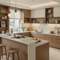 Lemari Dapur Kayu Klasik Model Shaker dengan Pintu Kaca, Lampu LED, Gagang Emas, Kabinet Kustom untuk Rumah Bergaya Farmhouse