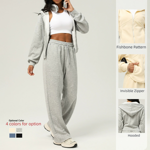 260gsm女休闲宽松轻便透气拉链长袖连帽外套健身跑步二件套运动服 - Product Image 2