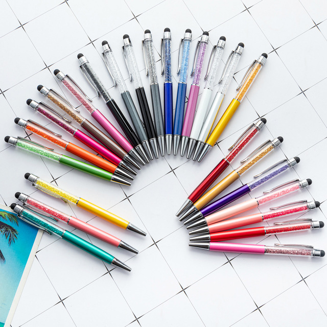 Metal Ballpoint Pen Custom Logo Slim Crystal Screen Capacitive Touch Stylus Tip Universal Engraving Quick-Dry Ink Black Ink