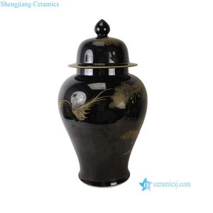 RYLW44-C Chinoiserie Luxury High Quality Black Gold Hand-Painted Crane Motif Temple <b>Jar</b> Collectible Porcelain RYLW44-C Elevate Y - Product Image 3