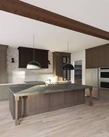 Armoires de cuisine Shaker en noyer foncé du Vermont avec vitrines et îlot central en pierre pour projets d'aménagement intérieur haut de gamme