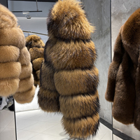Chaqueta Corta de Piel de Mapache Genuina Marrón Natural para Mujer, con Gancho Oculto, Abrigo de Invierno de Piel Real y Esponjosa