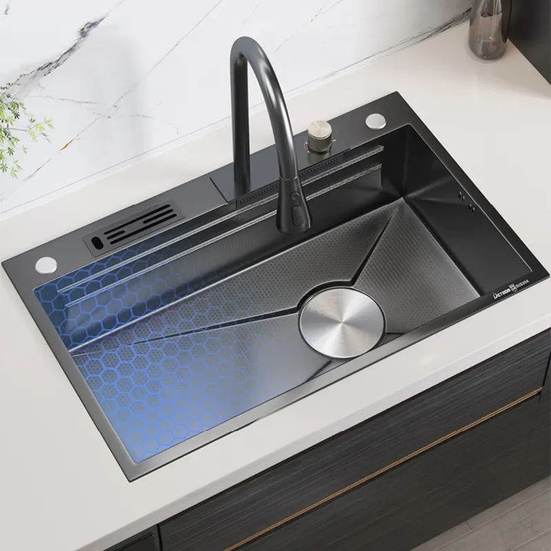luxury modern draining single bowl 304 stainless steel multifunction kitchen sink black waterfall faucet kitchen sinks