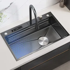 Lavello da cucina multifunzione in acciaio inossidabile 304 a vasca singola drenante moderno di lusso rubinetto a cascata nero lavelli da cucina