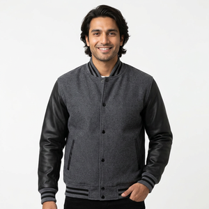 Men's College Letterman Varsity Jacket with Stand Collar Genuine Wool Body and Leather Arms Stylish Letterman <b>Coat</b> - Product Image 1