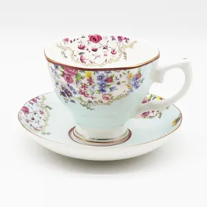 Venta caliente Personalización de lujo glaseado hueso China 210ml taza de té y platillo conjunto para uso doméstico