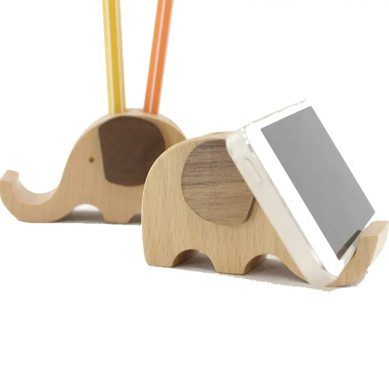 Eco friendly OEM Hand Made Cute Elephant Pen Desktop Tablet Desk Creative Solid Wooden Cell Phone Stand Holder
