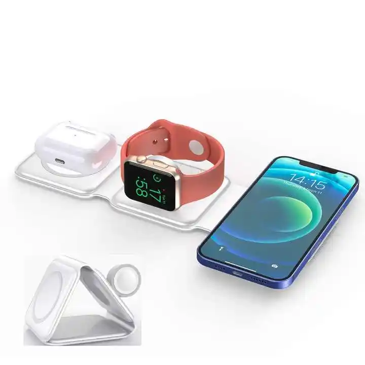 Pengisi daya nirkabel cepat 3 in 1, dudukan stasiun pengisian daya dapat dilipat magnetik untuk iPhone AirPods Apple Watch 15W