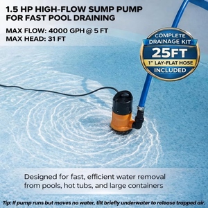 <span class=keywords><strong>Pompe</strong></span> à eau submersible basse pression 1,5 CV avec <span class=keywords><strong>kit</strong></span> de tuyau de 7,6 m (25 pieds) 4000 GPH, cordon d'alimentation portable OEM pour piscines, étangs de jardin et sous-sols - Product Image 2