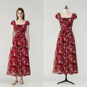 Proveedor OEM, Vestido Largo de Verano para Mujer, Estilo Boho, Manga Corta, Tie Dye, Cuello Cuadrado, <span class=keywords><strong>con</strong></span> Volantes, para Uso Diario, Fábrica China - Product Image 1