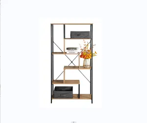 Modern Style Bookcase Wood Book Shelves Vintage Wood and Metal Bookshelf Simple Steel Stainless Frame