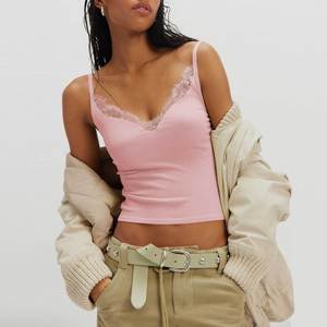 Nouveau débardeur court côtelé en maille unie à col en V sexy en dentelle, style européen et américain, pour femme, vêtement de base décontracté - Product Image 5
