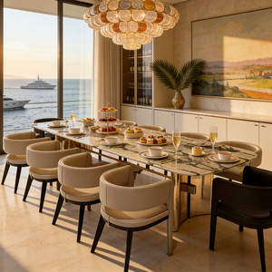 <span class=keywords><strong>Tavolo</strong></span> da Pranzo di Lusso Stile Italiano con Piano in Marmo Naturale e Base in Acciaio Inossidabile, Arredamento di Alta Gamma per Villa e Hotel - Product Image 1