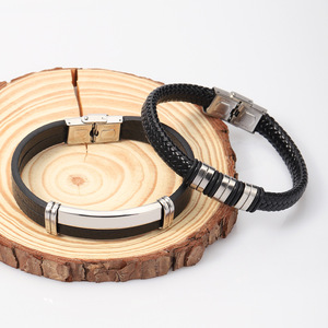 Leather Stainless Steel <b>Press</b> Buckle Bangle Men's Jewelry Geometric Design Gift Bracelet Yiwu Origin - Product Image 1