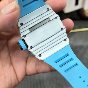 Men's ultra-thin carbon fiber automatic mechanical <b>watch</b> with blue <b>rubber</b> strap and sapphire crystal. - Product Image 5