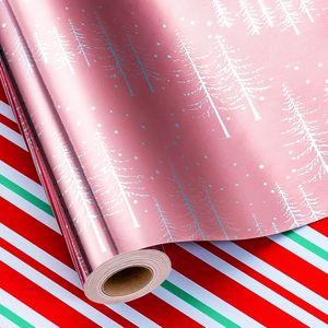 Reversible Christmas Wrapping Paper <b>Pink</b> Winter Forest Tree Design Metallic Foil 17x33 Feet Gift Craft Eco-Friendly - Product Image 1