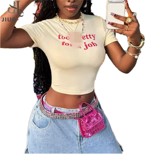 Fashion Letter Print Breathable Digital Printing Casual Streetwear Summer Slim Fit Short <b>Crop</b> <b>Top</b> Tee Women's Xs Size - Product Image 1
