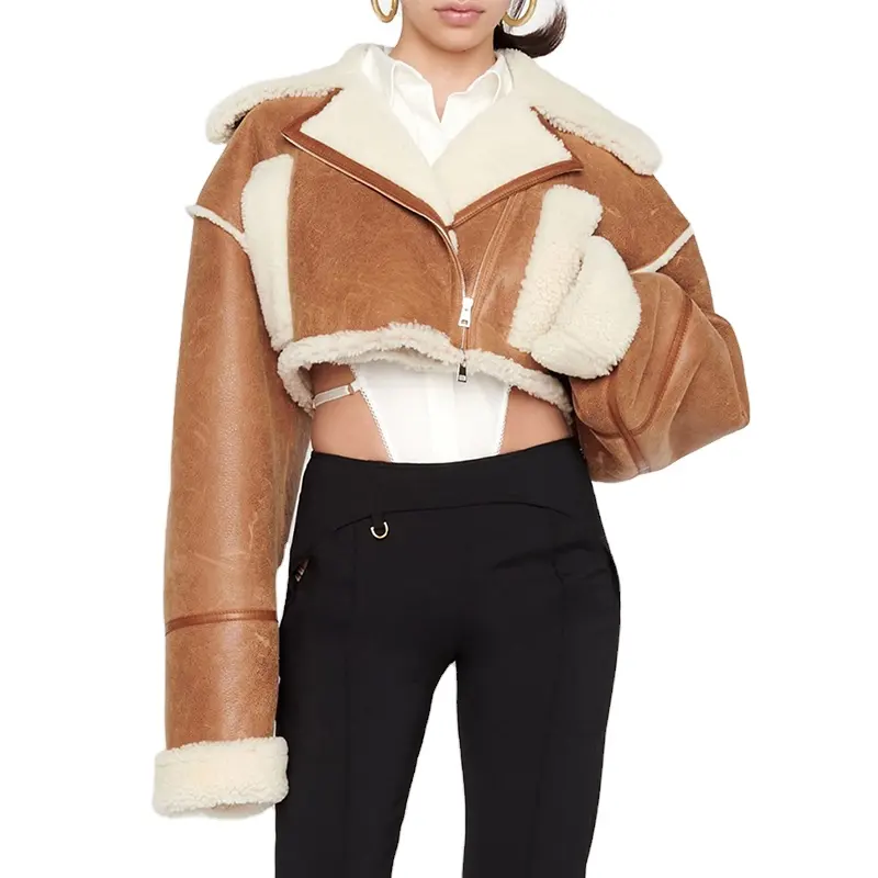 TWOTWINSTYLE Patchwork PU Faux Fur Hit Color Women Short Jacket Outerwear 2022