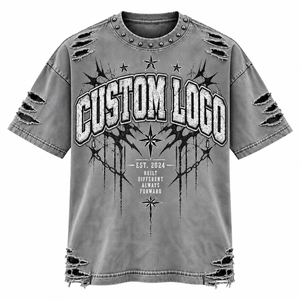 Camiseta Oversize Personalizada para Hombre, Estilo Punk, con Gráficos Desgastados, Cuello con Tachuelas, Lavado Vintage, Manga Corta, Algodón Jersey - Product Image 3
