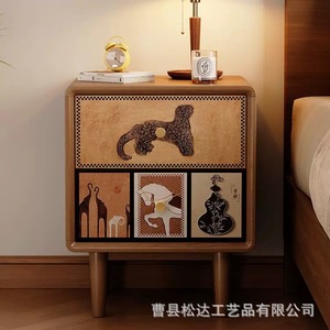 <b>Vintage</b> style wooden <b>bedside</b> <b>table</b>, solid wood bedroom storage cabinet, niche design, double-layer storage cabinet - Product Image 4