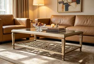 Table basse rectangulaire moderne en verre doré champagne avec étagère en treillis pour salon - Product Image 3