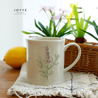 Mug en céramique JOYYE Stock 400ml, motif floral violet estival, en grès, résistant au lave-vaisselle et au micro-ondes, peint à la main, fleurs en relief, certifié CE