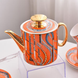 Juego de Té de Cerámica con Diseño de Cetro Naranja de 15 Piezas, Taza de Té de Porcelana con Asa Dorada, Ideal para Regalo - Product Image 3