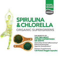 Suministro de 120 Cápsulas de Espirulina, Chlorella y Clorofila, Proteína Vegetariana en Polvo, Superalimento Verde para Adultos