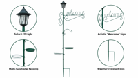 Lanterne solaire antique en fer forgé avec piquet de sol, mangeoire à oiseaux, plusieurs crochets de suspension, bain pour oiseaux, plateau à graines, écologique, pour jardin extérieur