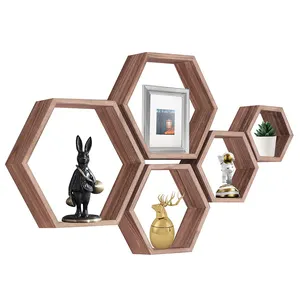 Estante de pared rústico decoración del hogar cubo flotante de madera estante colgante de pared hexagonal