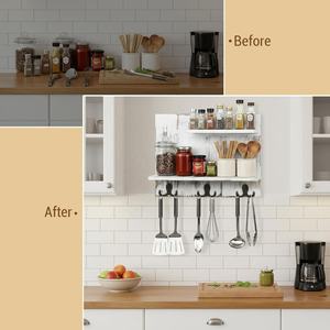 2단 수제 벽걸이형 샤비 화이트 워시드 원목 욕실 수납 선반 플로팅 선반 랙 6개 후크 수건 걸이 - Product Image 4